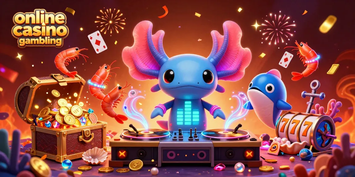 Experience online casino gambling fun in a vibrant underwater party scene with a neon axolotl DJ.