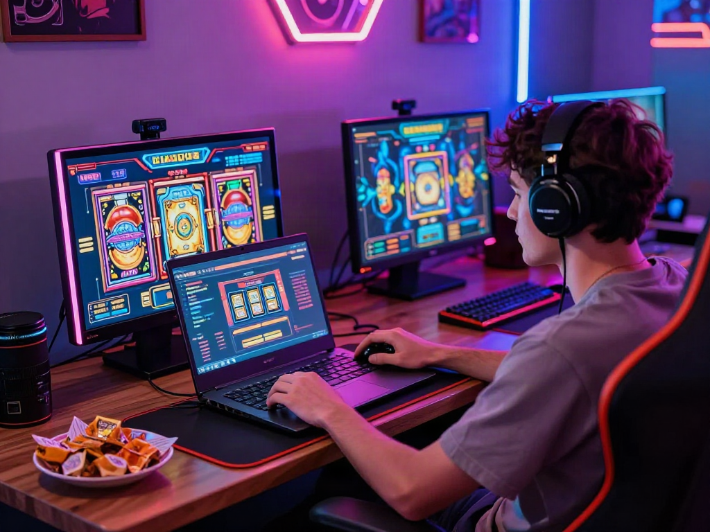 Exciting online slot gaming scene featuring a player engaged with colorful graphics and cozy setup.