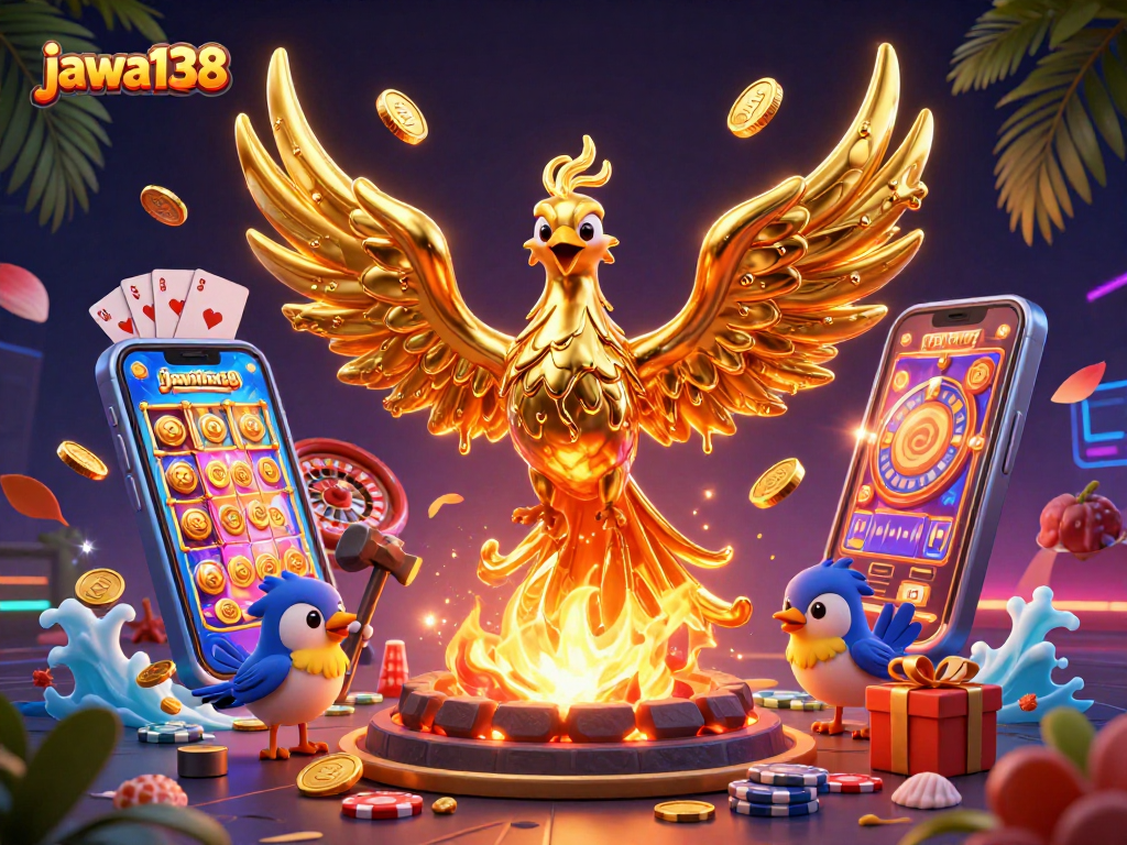 Experience thrilling action with jawa138's molten golden phoenix in a vibrant online casino scene.