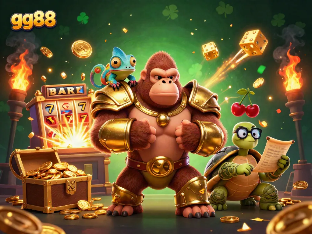 Experience thrilling gameplay with gg88's vibrant casino scene featuring a golden gorilla and colorful companions.