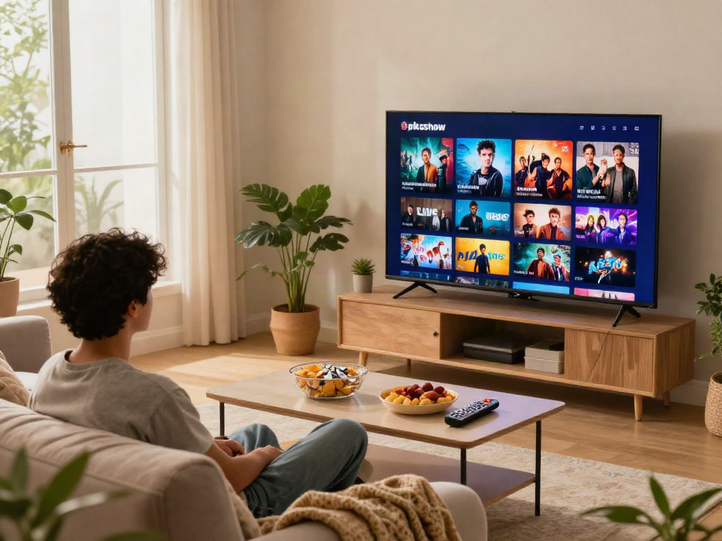 Pikashow streaming experience in a cozy living room with engaging content on a flat-screen TV and inviting atmosphere.