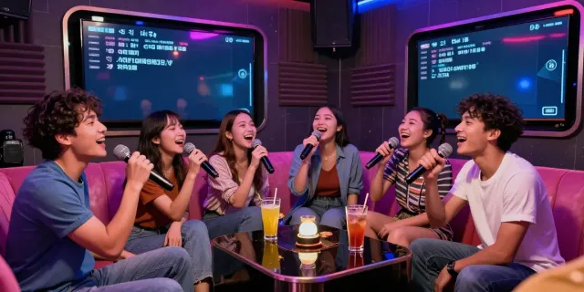 달토에서 친구들과 함께 노래 부르는 즐거운 모습, 화려한 조명과 아늑한 좌석이 있는 실내