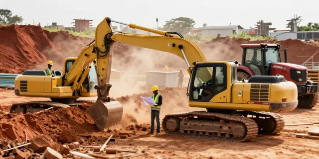 Panafrican Equipment showcased with excavator and tractor in active construction site.