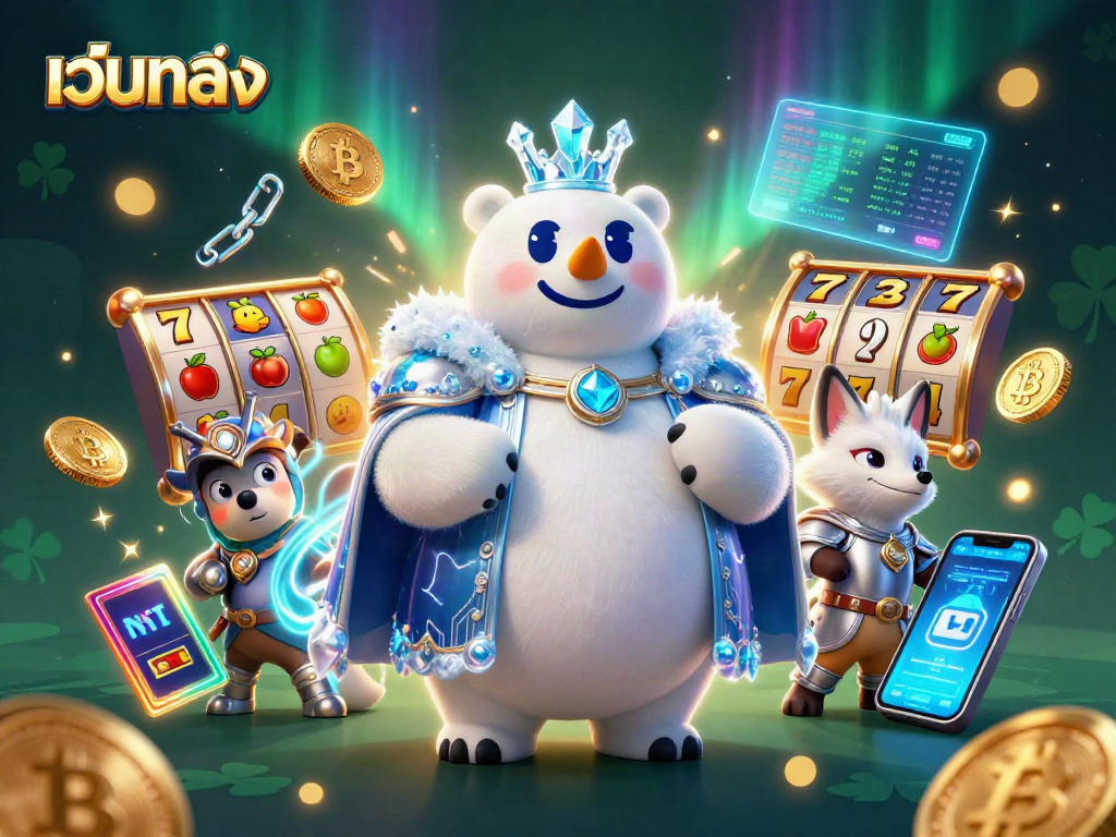 ภาพกราฟิก 3D ของเว็บตรง ที่มีเกมสล็อตและตัวละครในสไตล์การ์ตูนโพลาร์แบร์