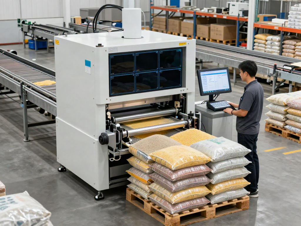 Automatic bag palletizer machine efficiently stacking diverse bags in a bright warehouse.