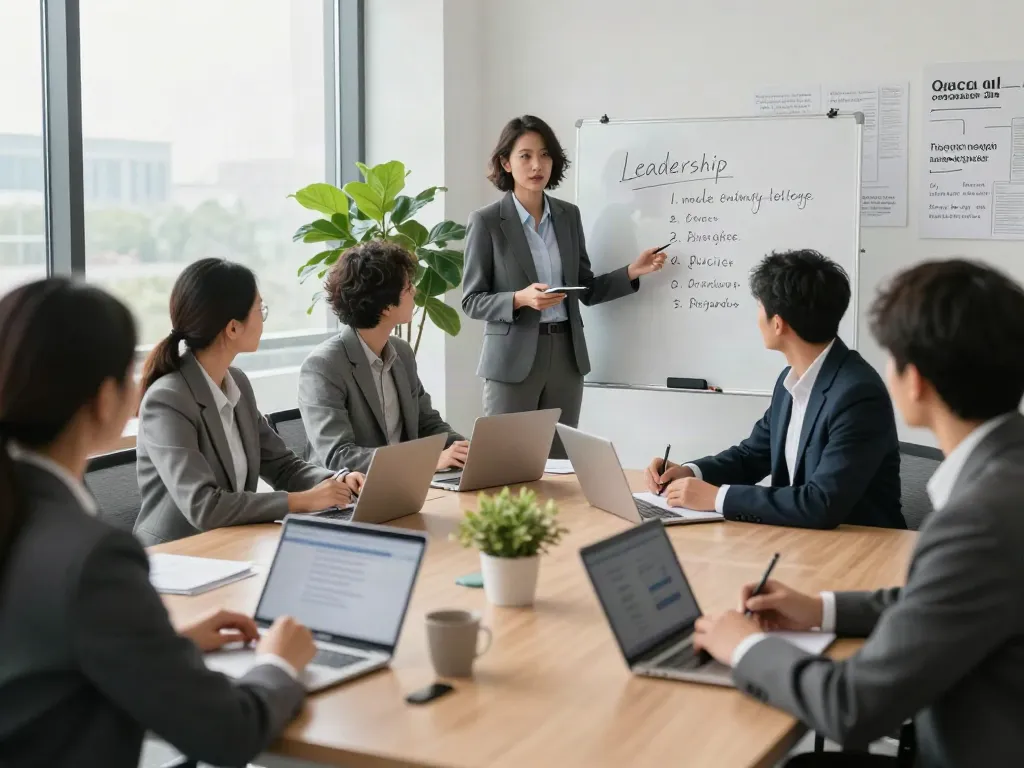 PedroVazPaulo Executive Coaching session in a modern corporate office with diverse professionals engaged in leadership development.