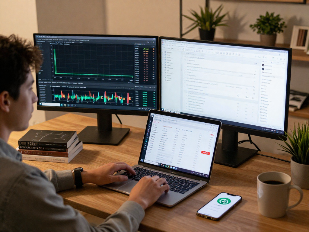 MetaTrader 5 官网交易者在多屏办公环境中使用数字钱包和区块链交易工具。