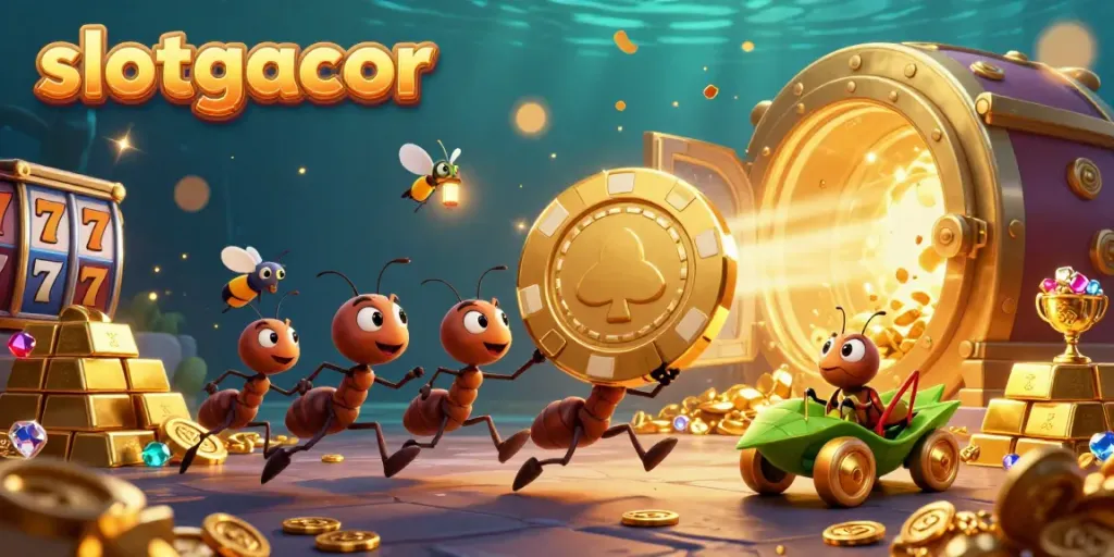 The vibrant slotgacor scene showcases a team of 3D cartoon ants on a heist, with golden slot reels and treasure.