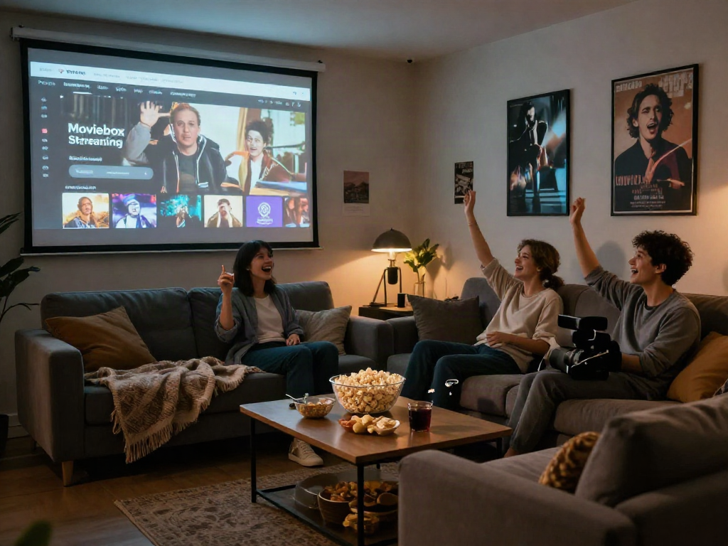 Young adults enjoying a movie night with Moviebox streaming in a cozy home theater.