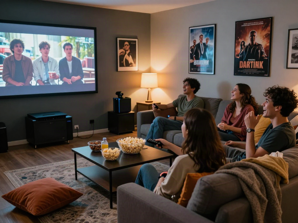 Friends enjoying a movie night in a cozy home theater, featuring filmyzilla snacks and atmosphere.