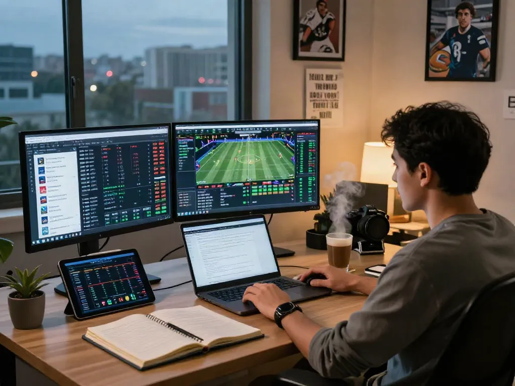 Analisis taruhan olahraga di dolar123 dengan tampilan monitor menampilkan statistik dan strategi.
