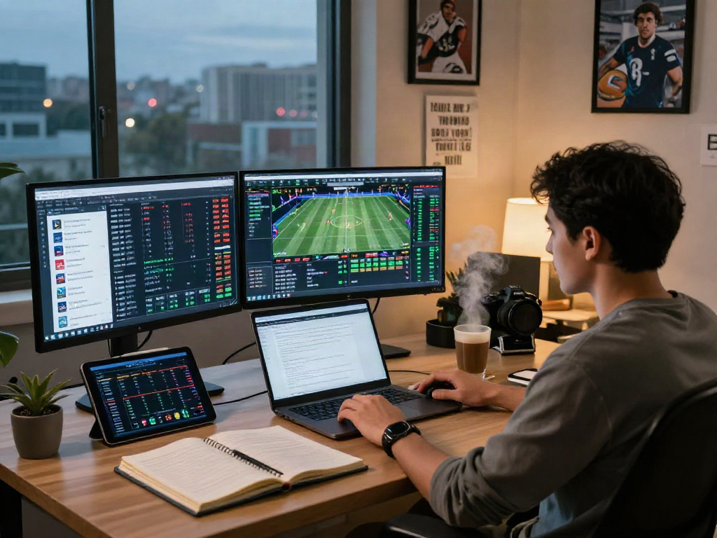 Analisis taruhan olahraga di dolar123 dengan tampilan monitor menampilkan statistik dan strategi.