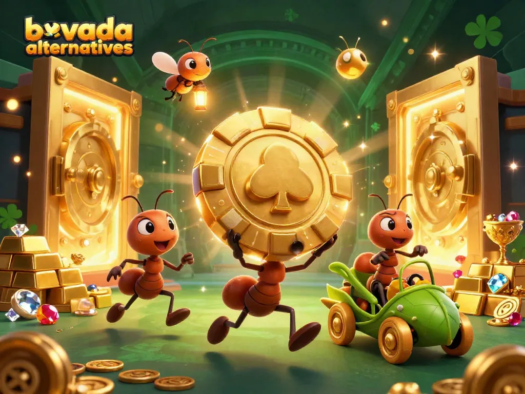 Ants execute a heist for a golden poker chip, showcasing bovada alternatives in a vibrant casino landscape.