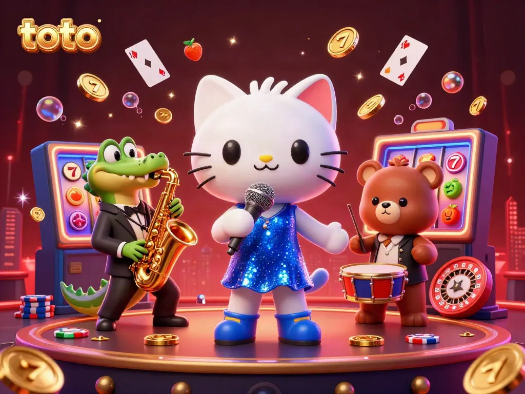 Engage with toto at the energetic casino stage featuring a jazz-singer cat, saxophone crocodile, and drum-playing bear.