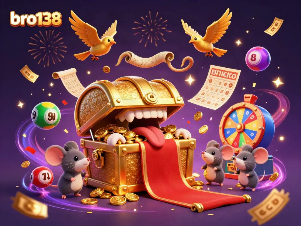 Experience the excitement of bro138 with a vibrant 3D casino scene filled with treasures and prizes.