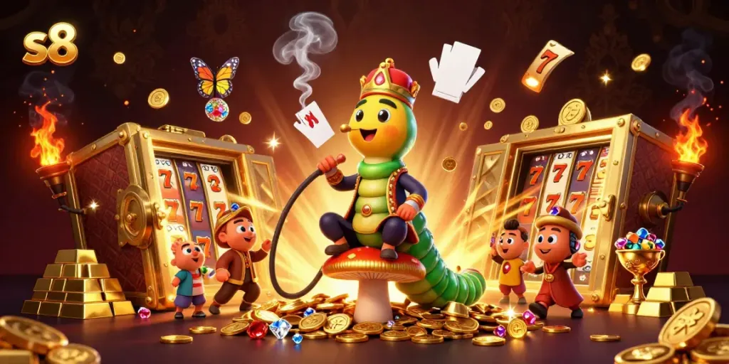 Experience thrilling gameplay with s8 in a vibrant, dynamic casino scene filled with slots and treasures.