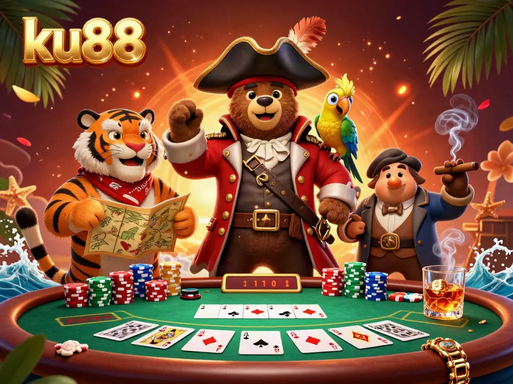 Engage in thrilling poker action at ku88 with vibrant characters and dynamic casino elements.