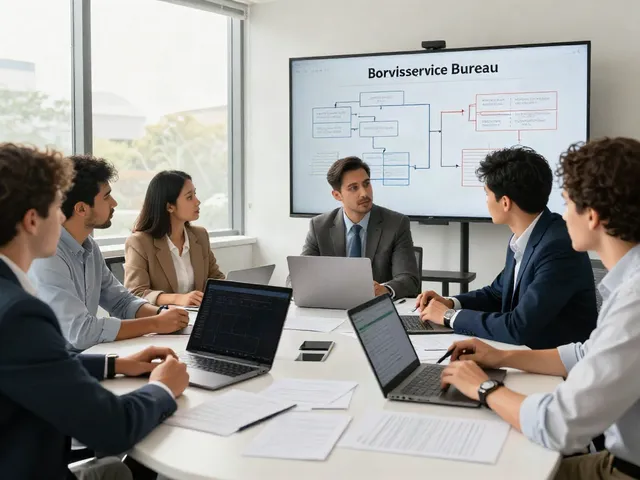 Diverse tax professionals collaborating in a modern office to become a service bureau.