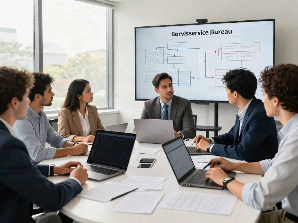 Diverse tax professionals collaborating in a modern office to become a service bureau.