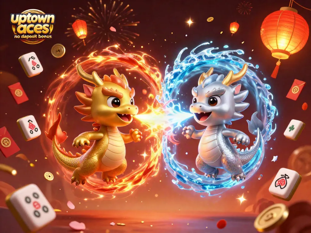 Experience the excitement of uptown aces no deposit bonus with dragons, festive casino elements, and spinning coins.