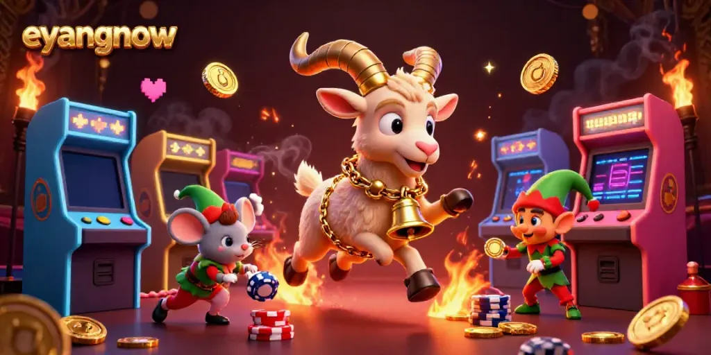 Eyangnow showcases a colorful 3D cartoon casino scene with a Krampus goat, angel mouse, and mischievous gremlins.