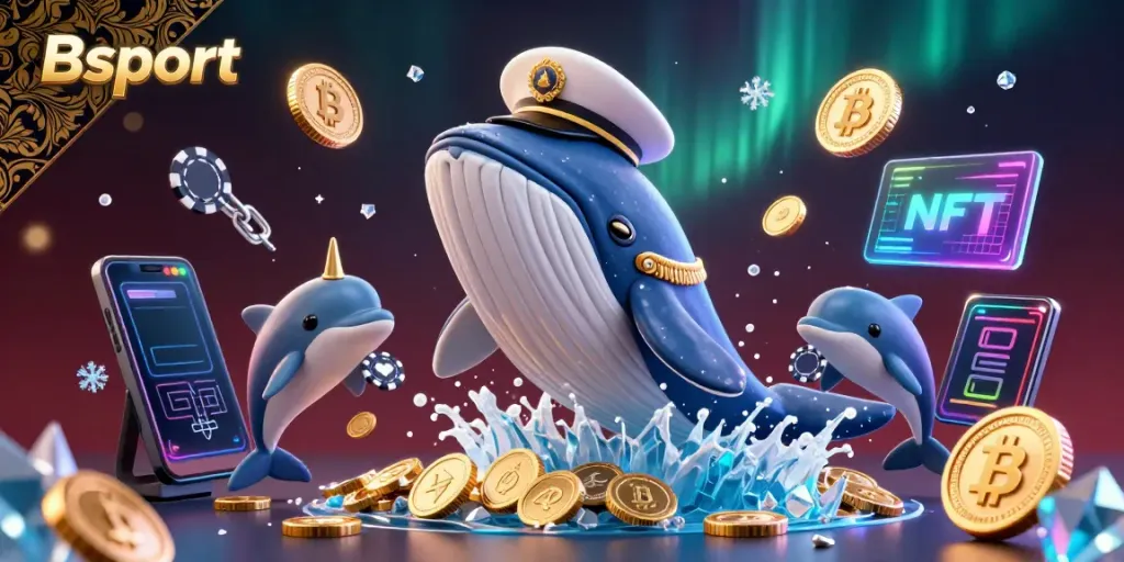 Engage with Bsport's vibrant casino experience featuring playful marine characters amidst shiny crypto coins.