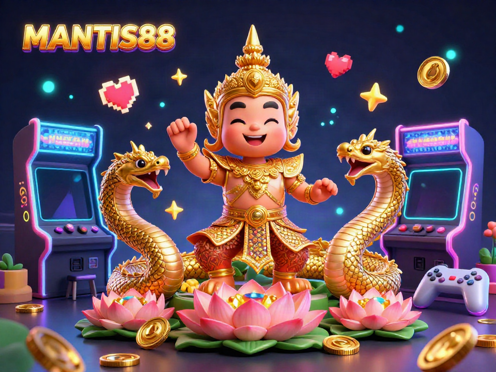 MANTIS88 online casino scene featuring a temple guardian and Naga serpent, rich in gaming elements and vibrant colors.