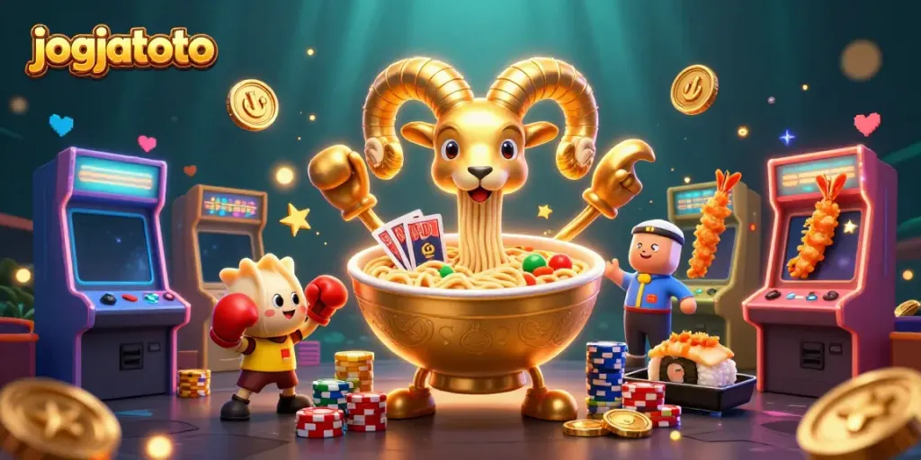 Experience the thrill of jogjatoto with vibrant characters and arcade elements in a dynamic casino scene.
