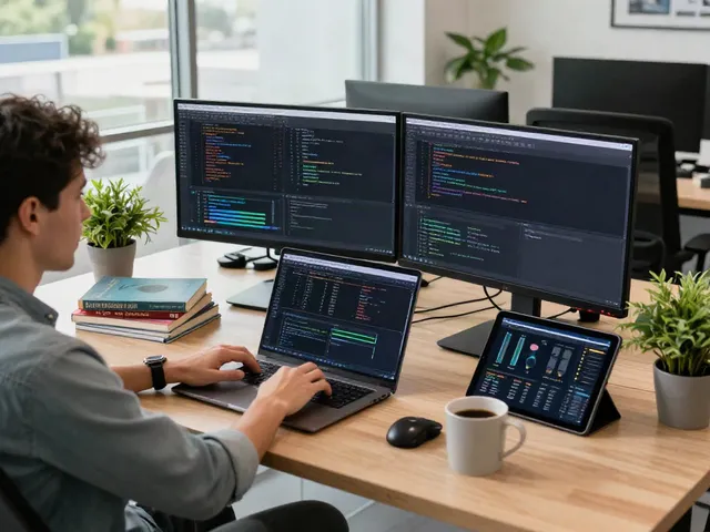 Developer bekerja pada PG server di ruang kantor modern dengan cahaya alami dan peralatan canggih.