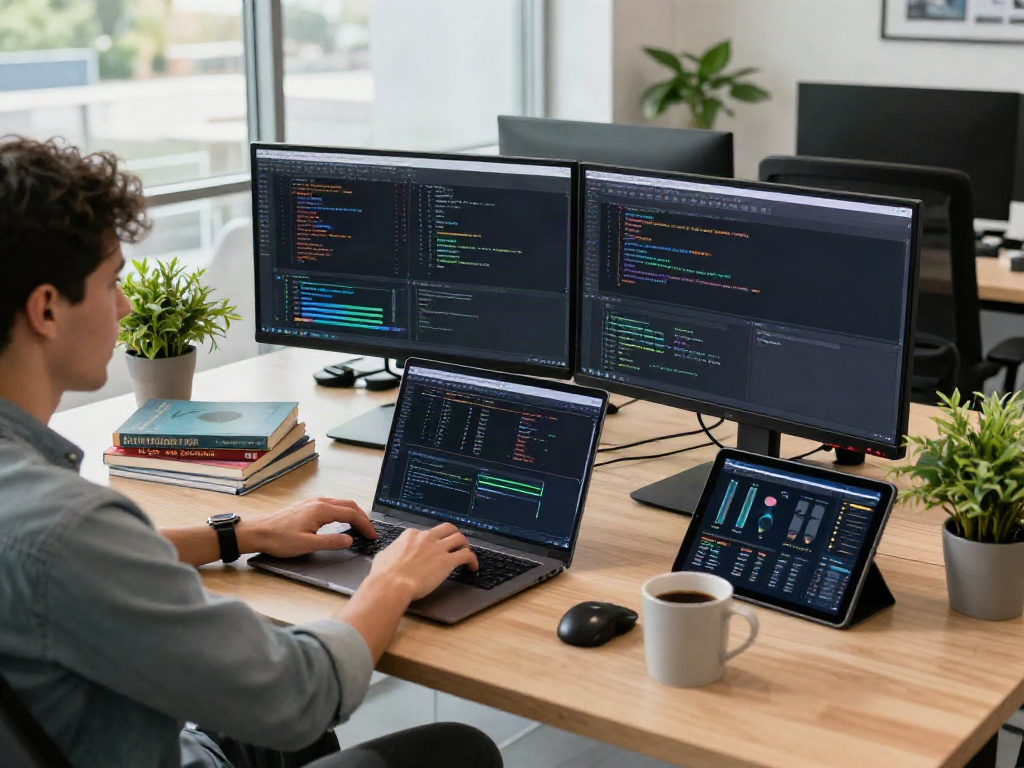 Developer bekerja pada PG server di ruang kantor modern dengan cahaya alami dan peralatan canggih.