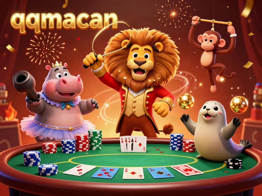 Engage with qqmacan's vibrant 3D casino scene featuring a lion, hippo, monkey, and seal, amidst thrilling poker game elements.