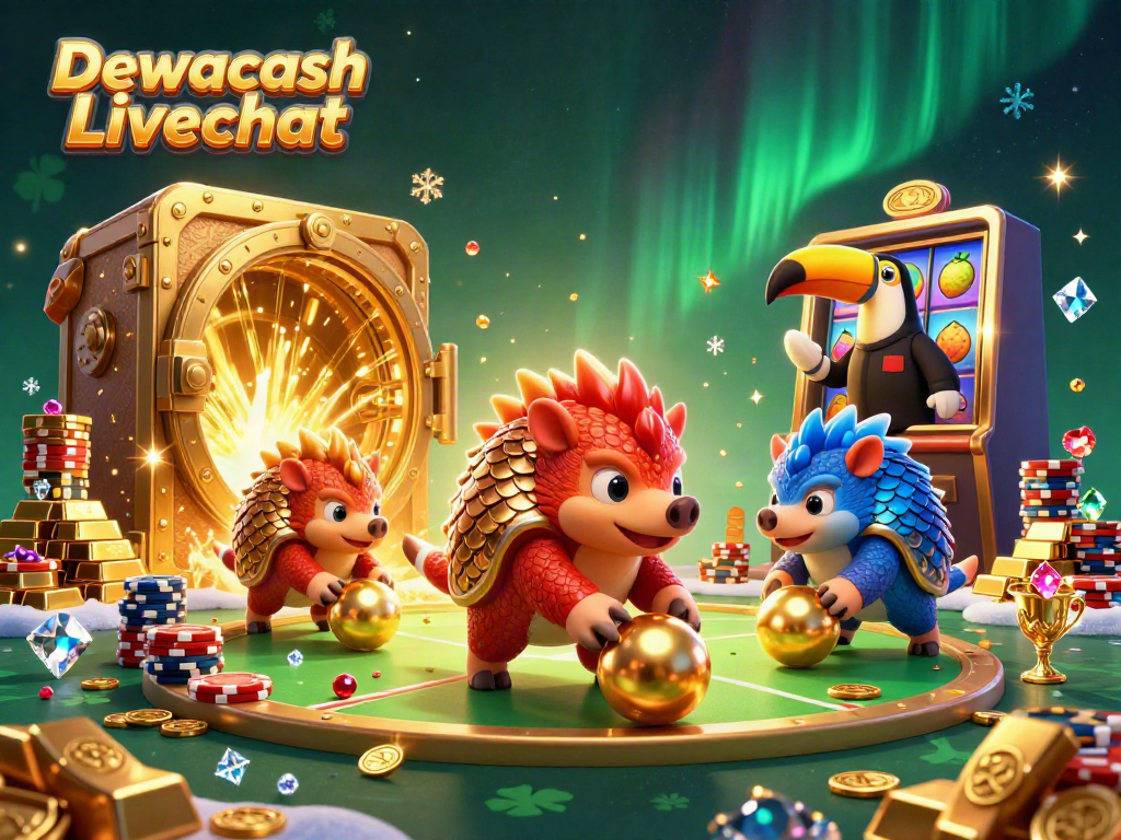 Engage with Dewacash Livechat in a lively online casino scene featuring playful pangolins and golden treasures.