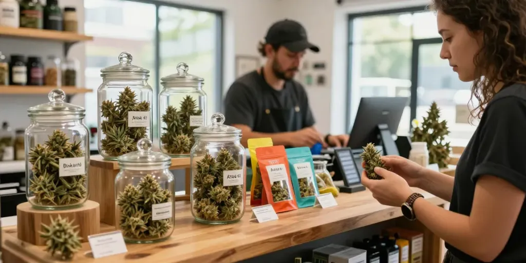 Explore the vibrant Alien Labs Biskante cannabis flower display in a boutique setting.