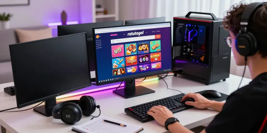 Tampilan permainan online di ratutogel link dengan gamer antusias menggunakan komputer dan strategi catatan di sekitarnya.