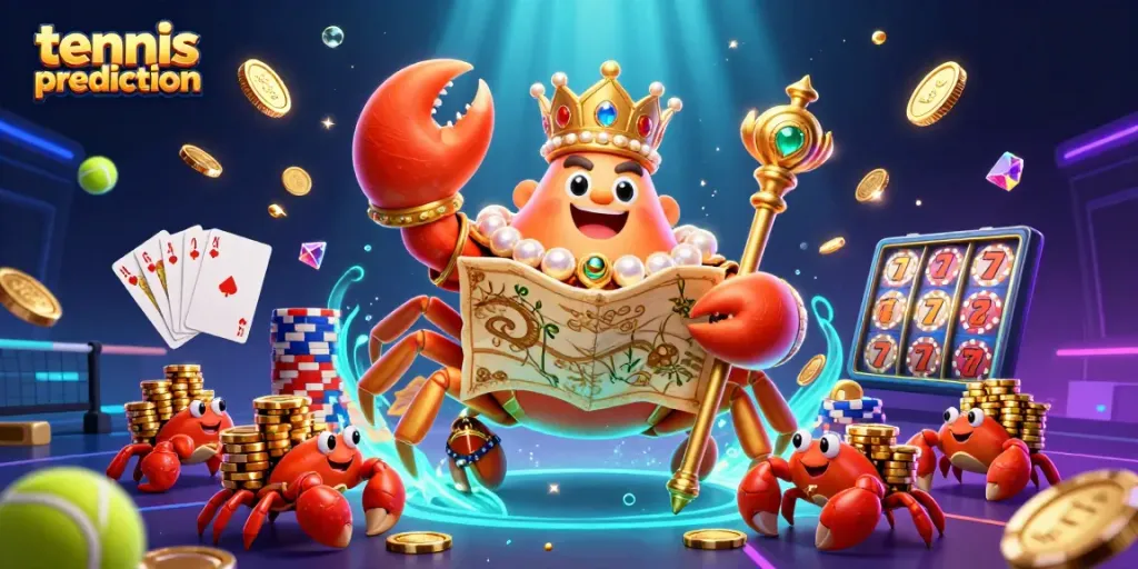Tennis prediction scene showcasing vibrant cartoon characters and dynamic casino elements.