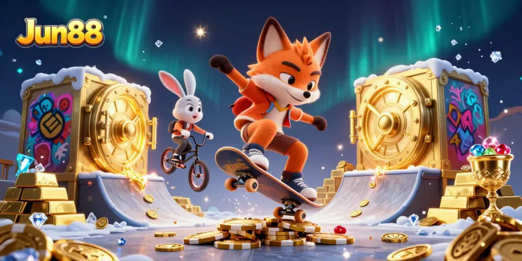 Experience thrilling action with Jun88 as a cartoon fox performs tricks in a vibrant casino atmosphere.