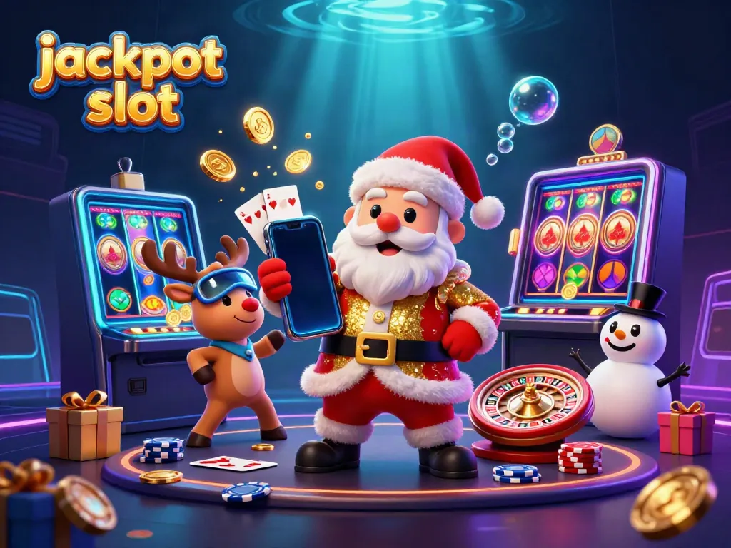 Experience jackpot slot excitement with a 3D cartoon Santa and festive casino scene.