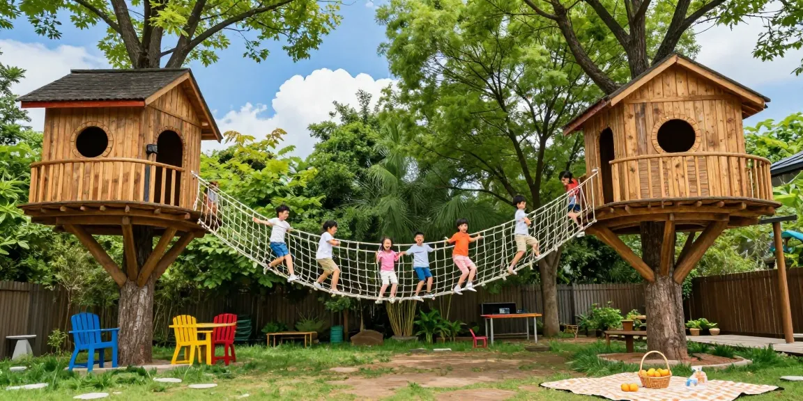 Children joyfully crossing a rope bridge connecting treehouses in a vibrant backyard.