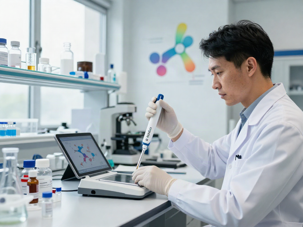 Research scientist measuring GHK-Cu KPV blend peptides in a bright lab setting.