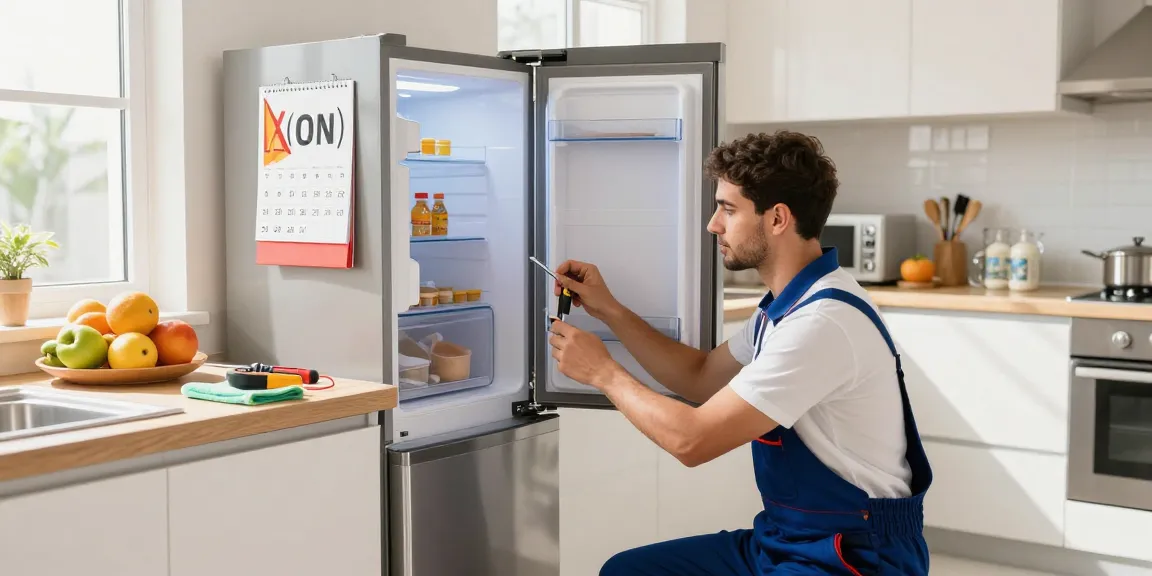 Refrigerator repair technician fixing a fridge in a bright kitchen, showcasing service efficiency in Dubai's summer heat.