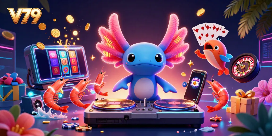 Experience the vibrant casino world of V79 with dynamic characters and game elements in a colorful scene.
