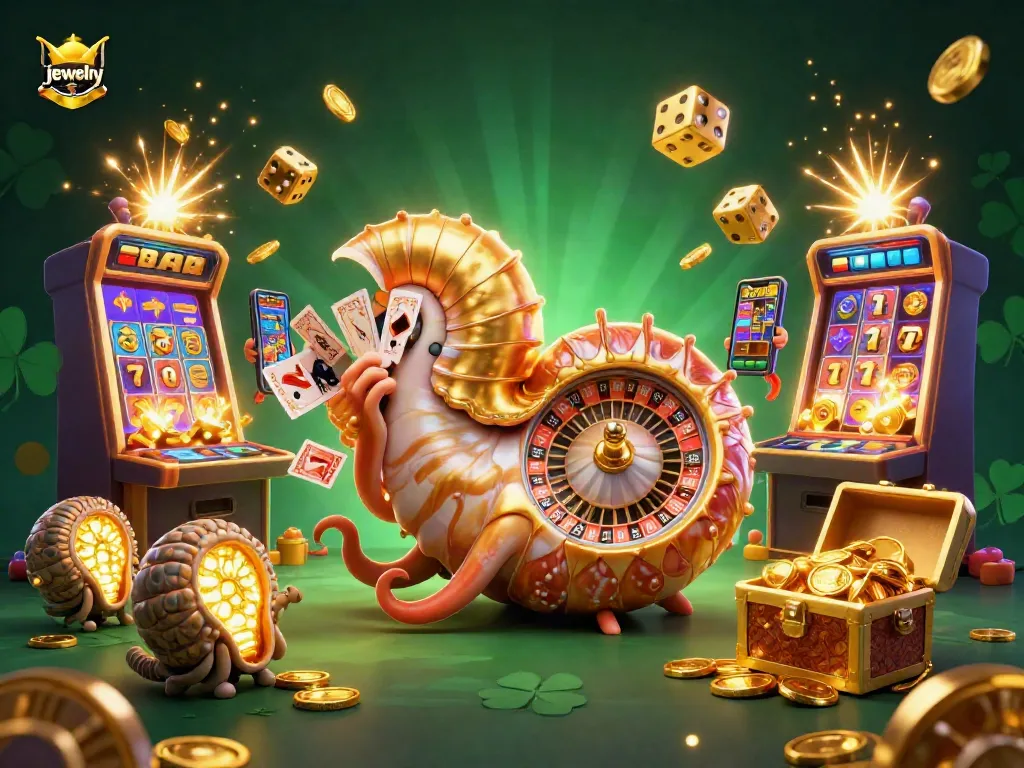 Engage with vibrant jewelry-themed casino fun, showcasing a nautilus roulette surrounded by captivating elements.