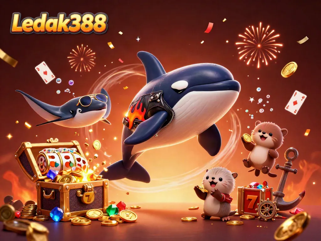 Experience thrilling gaming with Ledak388's vibrant orca and sea creatures amidst jackpot spins and treasures.