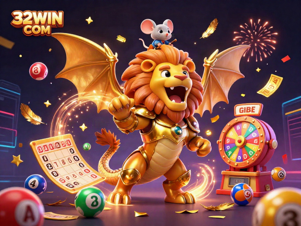 Experience the excitement of gaming at 32WIN COM with a fiery chimera and lottery elements.