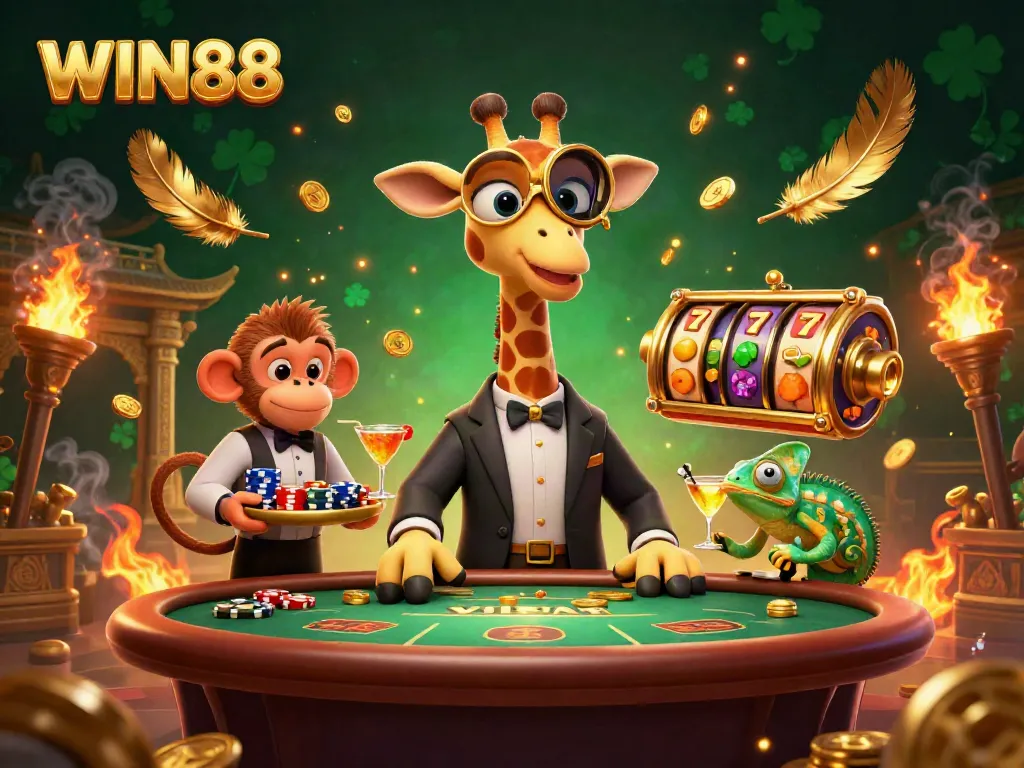 Engage in thrilling gaming action with WIN88 as a high-roller giraffe enjoys poker in an exquisite casino atmosphere.