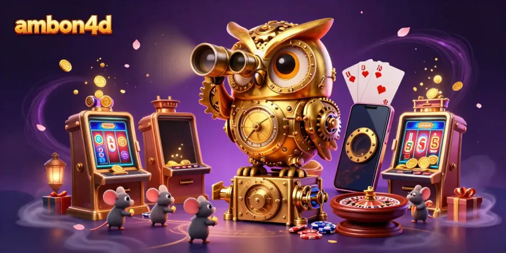 Engage with ambon4d's thrilling slot experience featuring a golden owl and lively casino atmosphere.