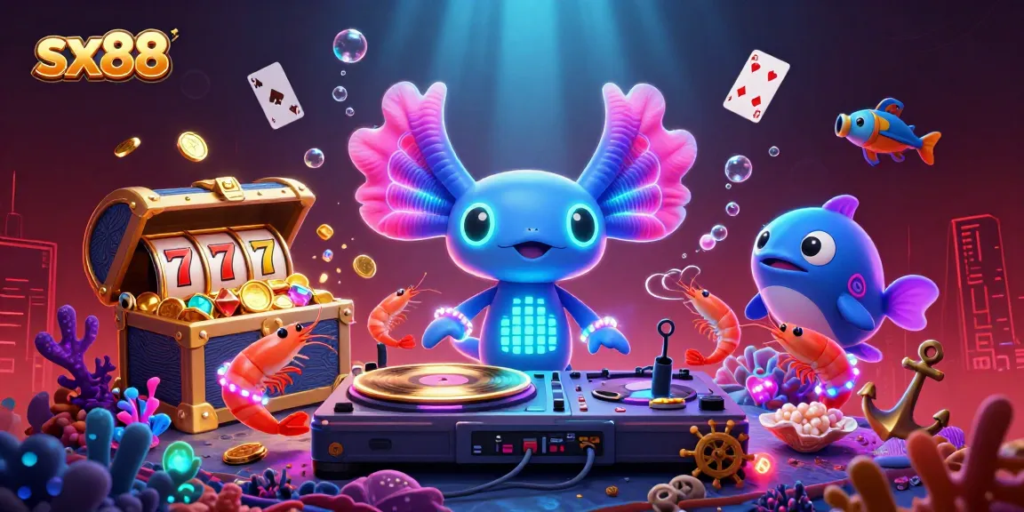 SX88 vibrant underwater casino scene with axolotl DJ, slot reels, and dancing shrimp