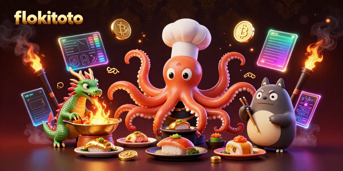 Experience fun gaming at flokitoto with vibrant characters and glowing cryptocurrency elements.