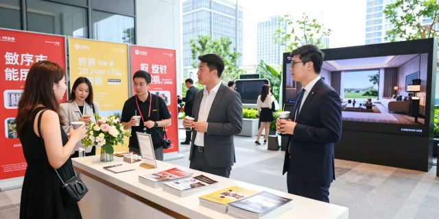 New launch condo event with buyers exploring modern floor plans and features in an urban setting.