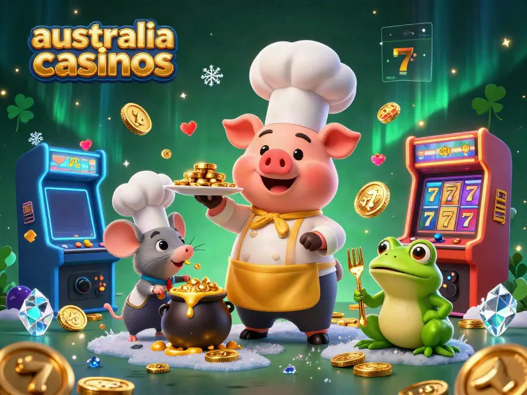 Experience the excitement of australia casinos with a chef pig serving golden coins amidst vibrant gaming elements.